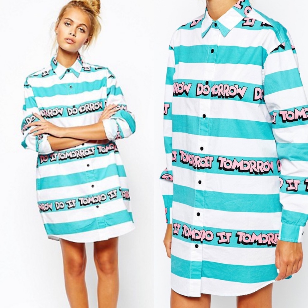 Lazy Oaf Turquoise and White Striped Mini Shirt Dress with Pink Graphic